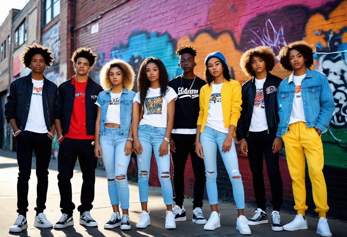 A diverse group of confident adolescents showcasing vibrant fashion choices, standing together in a stylized urban environment. Each individual expresses their unique style through modern clothing, accessories, and hairstyles, radiating confidence and empowerment. The background includes graffiti art and colorful street elements, symbolizing youth culture and creativity. Soft, warm sunlight casts an inviting glow over the scene. super-realistic. vibrant colors. urban street style.