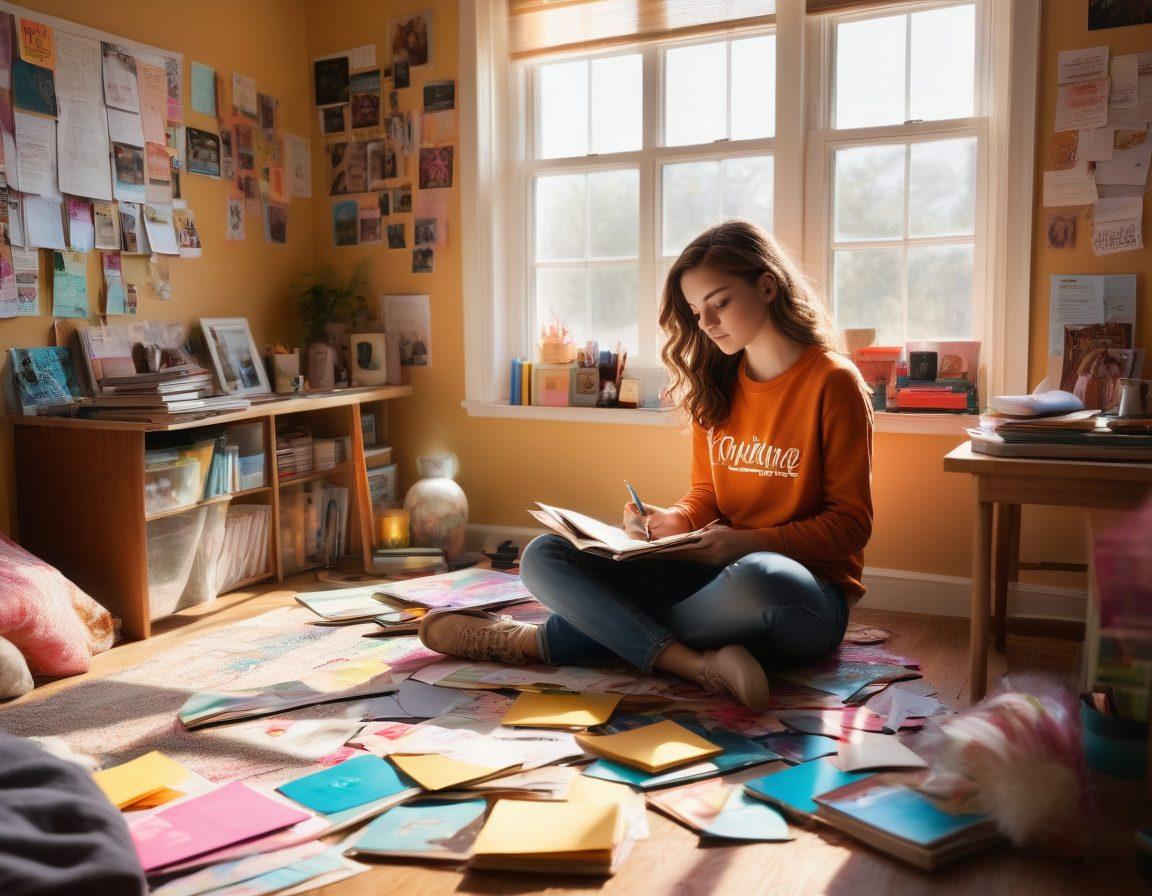 A vibrant and colorful teenage bedroom filled with inspirational posters and a desk cluttered with journals, art supplies, and bright sticky notes. A young teenager is sitting on the floor, writing in a journal with a look of determination and creativity, surrounded by images of empowerment and self-improvement. Sunlight streaming through the window casts a warm glow, creating a sense of hope and inspiration. super-realistic. vibrant colors. warm lighting.