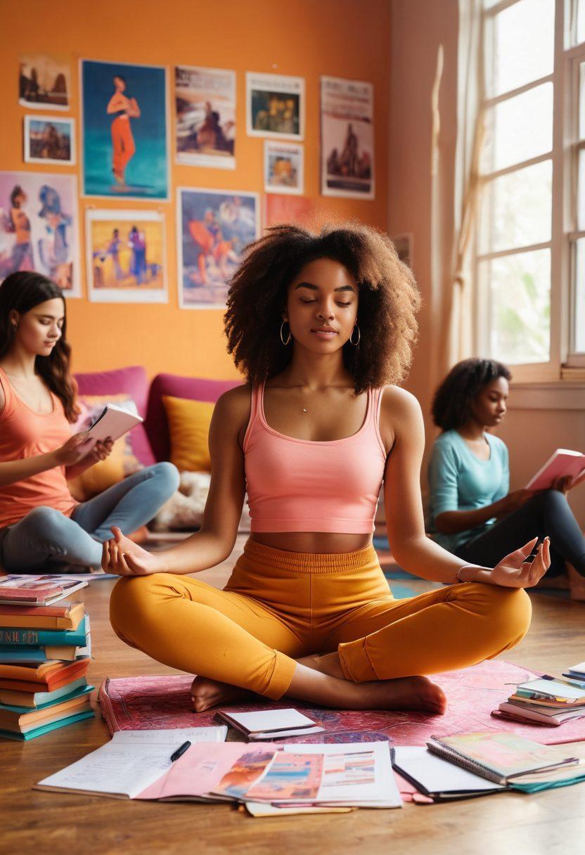A vibrant scene depicting a diverse group of teenagers engaged in various self-improvement activities: one is journaling, another is fashion designing, while a third is practicing yoga. The background showcases inspirational posters and colorful books, symbolizing empowerment and growth. Soft natural lighting enhances the positive atmosphere, with bright, inviting colors to connect with the teenage spirit. super-realistic. vibrant colors. warm tones.